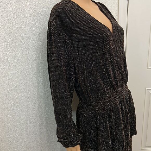 Michael Kors Womans Dress Sz 0X Bwown Gold VNeck Long Sleeve Ruffle Midi Stretch - Picture 3 of 11